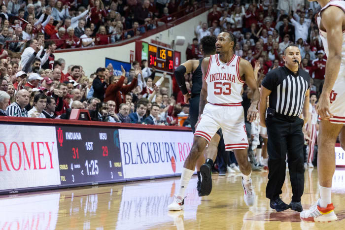 Indiana Hoosiers guard Tamar Bates (53) celebrates a three point basket in the first half against the Michigan State Spartans.